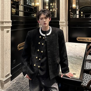 黑色短款 小香风毛呢外套男模穿搭秋春cleanfit双排扣无领垫肩夹克