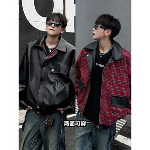 两面穿PU皮夹克男2025春秋潮牌痞帅黑红格子翻领皮衣外套宽松廓形