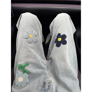 美式高街植绒绣花牛仔裤男春季薄款直筒显瘦裤子设计感弯刀微喇裤