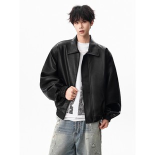 高街百搭痞帅pu皮机车服夹克 翻领皮衣外套男潮牌秋季 美式 黑色短款