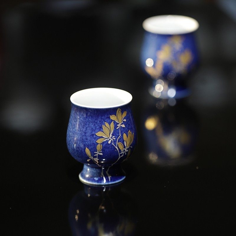大鱼美器 撒蓝金银彩玉兰宛玉杯 陶瓷主人杯景德镇纯手工茶杯礼物