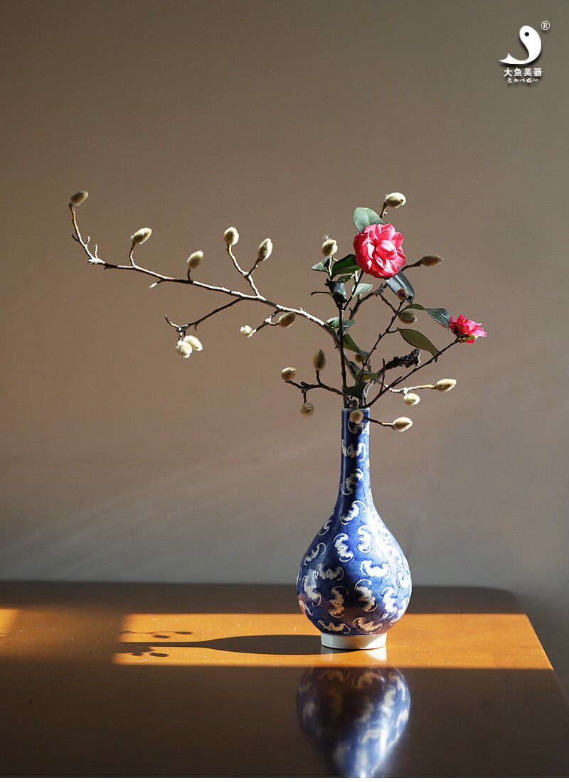 大鱼美器 青花留白百福瓶 纯手工拉坯胎手绘景德镇陶瓷花瓶茶席花