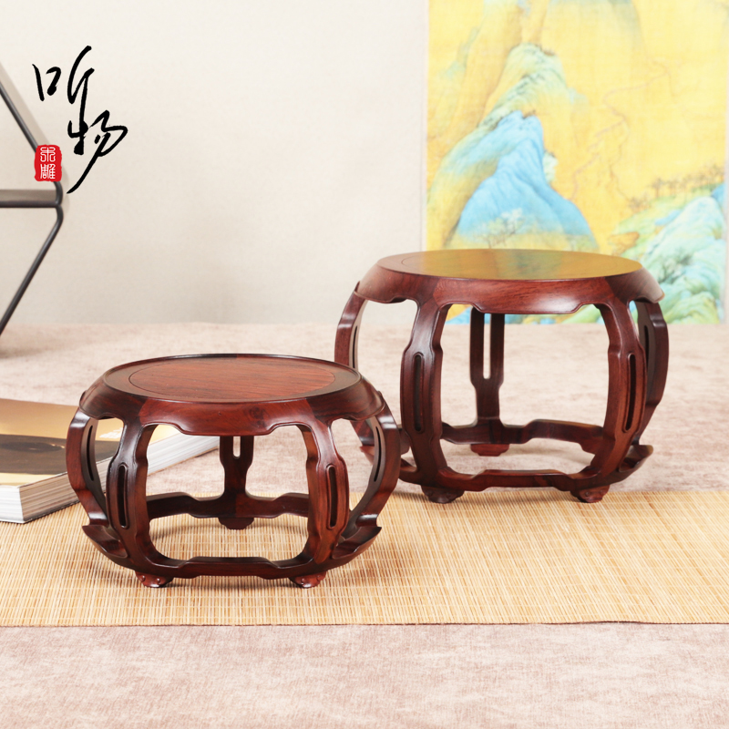 大红酸枝明式鼓托架盆景展示摆件