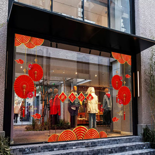 新年中式吉祥灯笼扇花玻璃门装饰贴纸酒店办公楼春节气氛门套布置