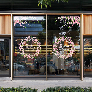 日本樱花装饰玻璃门窗贴画咖啡店春天布置女装店超大静电橱窗贴纸