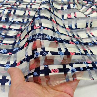 半透明欧根纱格子布料黑条纹蓝粉花夏季薄款上衣蓬蓬裙设计师面料