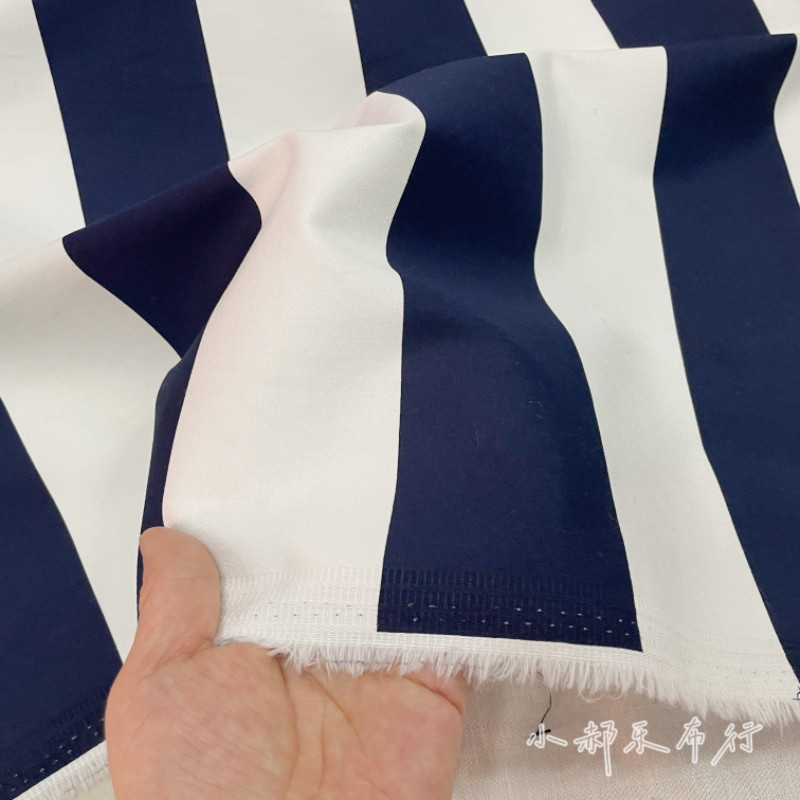 深藏青白宽条纹纯棉弹力贡缎布料软垂连衣裙衬衫薄款设计服装面料