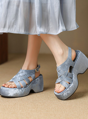 小个子米白色蓝色绿色松糕厚底高跟坡跟凉鞋女全皮真皮增高鞋 YH