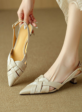 杏色绿色尖头细跟中跟包头凉鞋女2024年春夏季复古国风淑女真皮BD