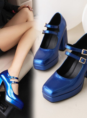 欧美春秋方头粗跟高跟单鞋女漆皮亮皮扣带红色蓝色紫色大码鞋 JYX