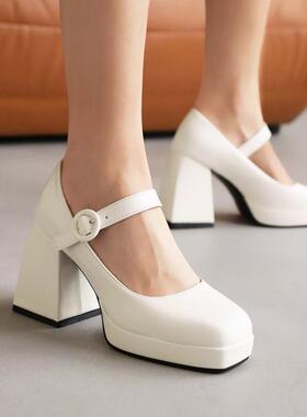 方头粗跟高跟单鞋女金银色粉红色白色灰色红色婚鞋新娘鞋大码 ZM