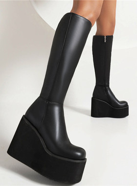 坡跟白色靴子厚底增高鞋高跟高筒靴女欧美外贸舞台表演大码靴 HTM