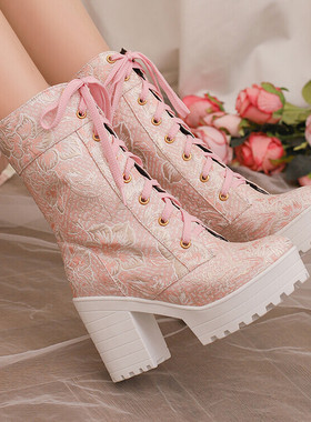 国风粗跟高跟中筒靴女厚底马丁靴浅蓝色米色粉红色靴子大码靴JYX