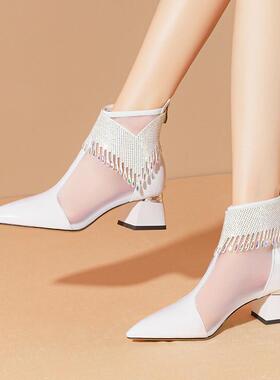 白色红色靴子女尖头粗跟中跟短靴网靴夏靴凉靴单靴真皮鞋大码 XZJ