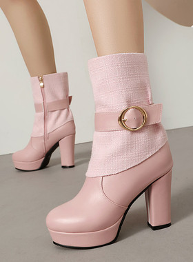 秋冬皮靴粗跟高跟短靴红色浅蓝色粉红色靴子舞蹈靴表演大码鞋 MSZ