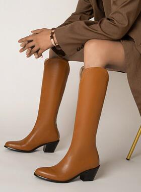 靴子女尖头西部牛仔靴中跟长靴复古高筒粗跟骑士靴大码女靴 PCSA