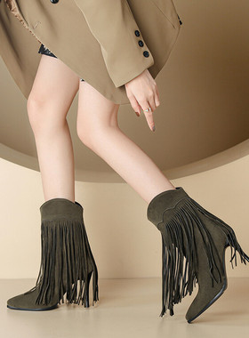 欧美性感外贸军绿色靴子细跟高跟短靴女磨砂绒面流苏靴大码靴 KB