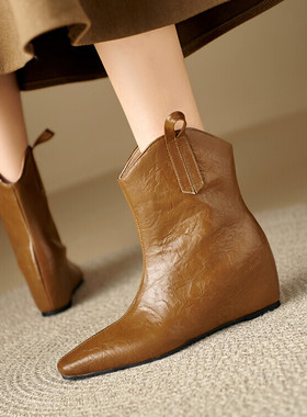 外贸秋冬季皮靴内增高高跟短靴女坡跟棕色靴子棕黄色大码女靴PCSA