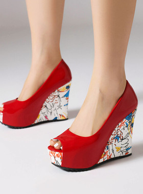 红色白色鱼嘴鞋高跟坡跟凉鞋女性感夏季松糕厚底大码小码女鞋 JYX