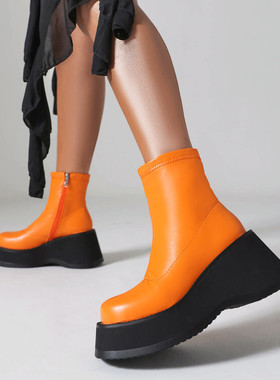 厚底马丁靴高跟短筒女秋冬坡跟靴子橙色粉红色橘色玫红色大码 HTM