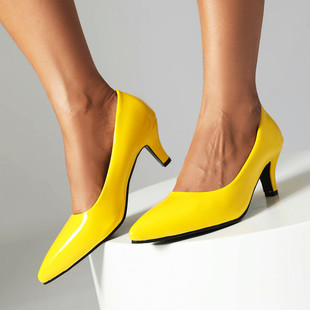 漆皮女鞋皮鞋气质百搭细跟红色婚鞋跟鞋白色黄色桔色大码小码 XH