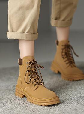 圆头皮靴系带马丁靴平底低跟短靴女棕黄色银色靴子真皮女鞋 RLBT