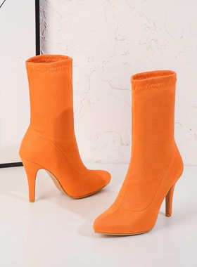 鞋子绿色橙色紫色红色玫红色粉红色高跟中筒大码女靴小码女鞋 YYA