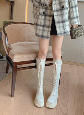 秋冬皮靴厚底中跟长筒女骑士靴白色靴子系带马丁靴单靴真皮女靴YH