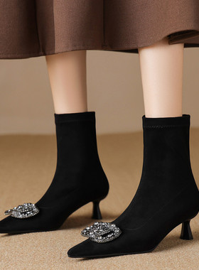 秋冬细跟水钻黑色高跟尖头百搭时装短靴女弹力瘦瘦靴淑女短筒KLLS