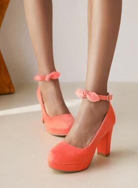 春秋季粗跟高跟单鞋女绒面桔色灰色米色红色婚鞋新娘大码小码 JYX