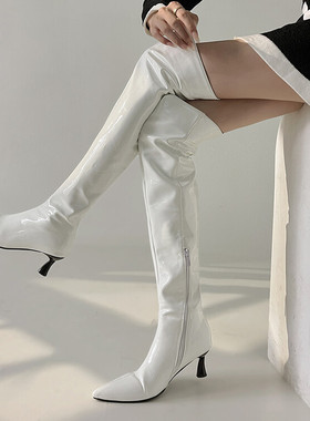 白色靴子尖头细跟高跟过膝长靴女漆皮亮皮表演走秀大码小码靴 KB