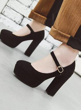 鞋女女鞋春秋灰色工作圆头学院甜美大码高跟单鞋 43 小码 33 zxg