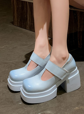 春秋皮鞋方头粗跟高跟深口丁字单鞋女厚底蓝色米白色全皮真皮 GYL