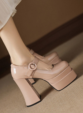 超高跟厚底玛丽珍鞋女春秋一字扣防水台粗跟增高女鞋藕粉色鞋 SWN