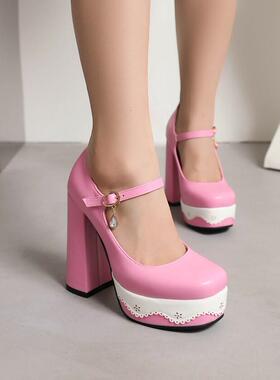 春秋蓝色绿色粉红色粗跟高跟单鞋女厚底扣带圆头防水台大码鞋 ZM