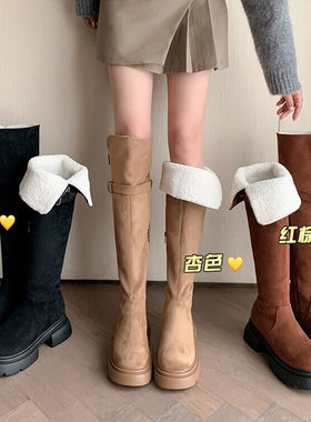 冬款皮靴厚底高筒靴女杏色棕色靴子保暖厚绒雪地靴毛靴棉靴长靴MM