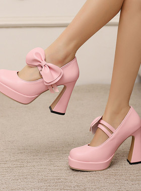 白色粉红色甜美风蝴蝶结玛丽珍鞋女粗跟防水台高跟模特走秀舞台DT