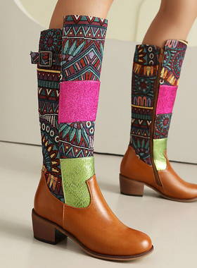 4厘米跟秋冬季皮靴棕色绿色靴子粗跟高筒靴女民族风复古大码鞋 SH