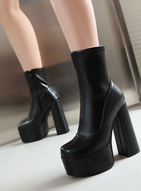 性感白色靴子防水台短靴超高跟秋冬皮靴欧美外贸舞台表演大码 DL