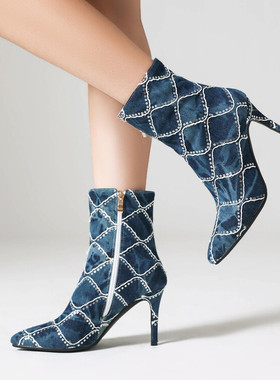 秋冬牛仔布蓝色玫红色靴子时尚细高跟短靴女尖头女靴短筒大码 ZXG