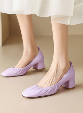 春秋圆头粗跟中跟单鞋女酒红色米白色紫色鞋子软皮牛皮真皮鞋 BH