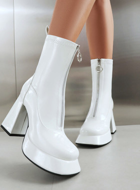 白色红色靴子粗跟短靴高跟马丁靴短筒皮靴漆皮亮皮前拉链大码 CH