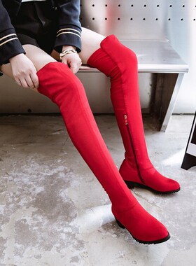 红色靴子低跟平底过膝长靴长筒靴女弹力瘦靴大码女靴小码女鞋 WQL