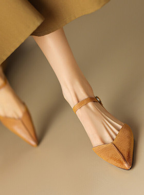 法式复古尖头高跟浅口单鞋女尖头包头鞋灰色棕黄色全皮真皮女鞋CQ