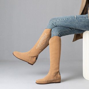 低跟秋冬皮靴长筒高筒靴女卡其色绿色靴子骑士靴磨砂真皮女靴 LDX