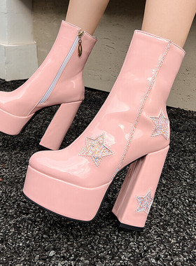 漆皮恨天高防水台超高跟中筒靴女蓝色白色蓝色粉红色靴子大码 YYA