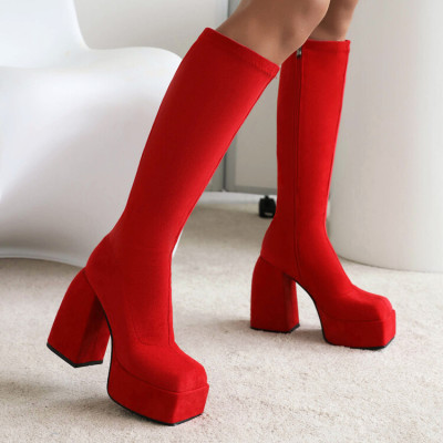 粗跟高跟高筒靴女灰色红色靴子