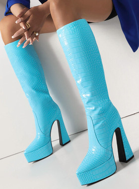 压花尖头白色天蓝色绿色靴子防水台欧美性感高跟高筒靴女大码 CH