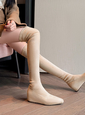 绒面弹力瘦瘦靴内增高中跟过膝长靴长筒女杏色灰色靴子大码女靴LB