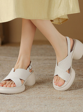 皮鞋圆头粗跟高跟凉鞋女2024年夏季厚底灰色米白色全皮真皮鞋MYT